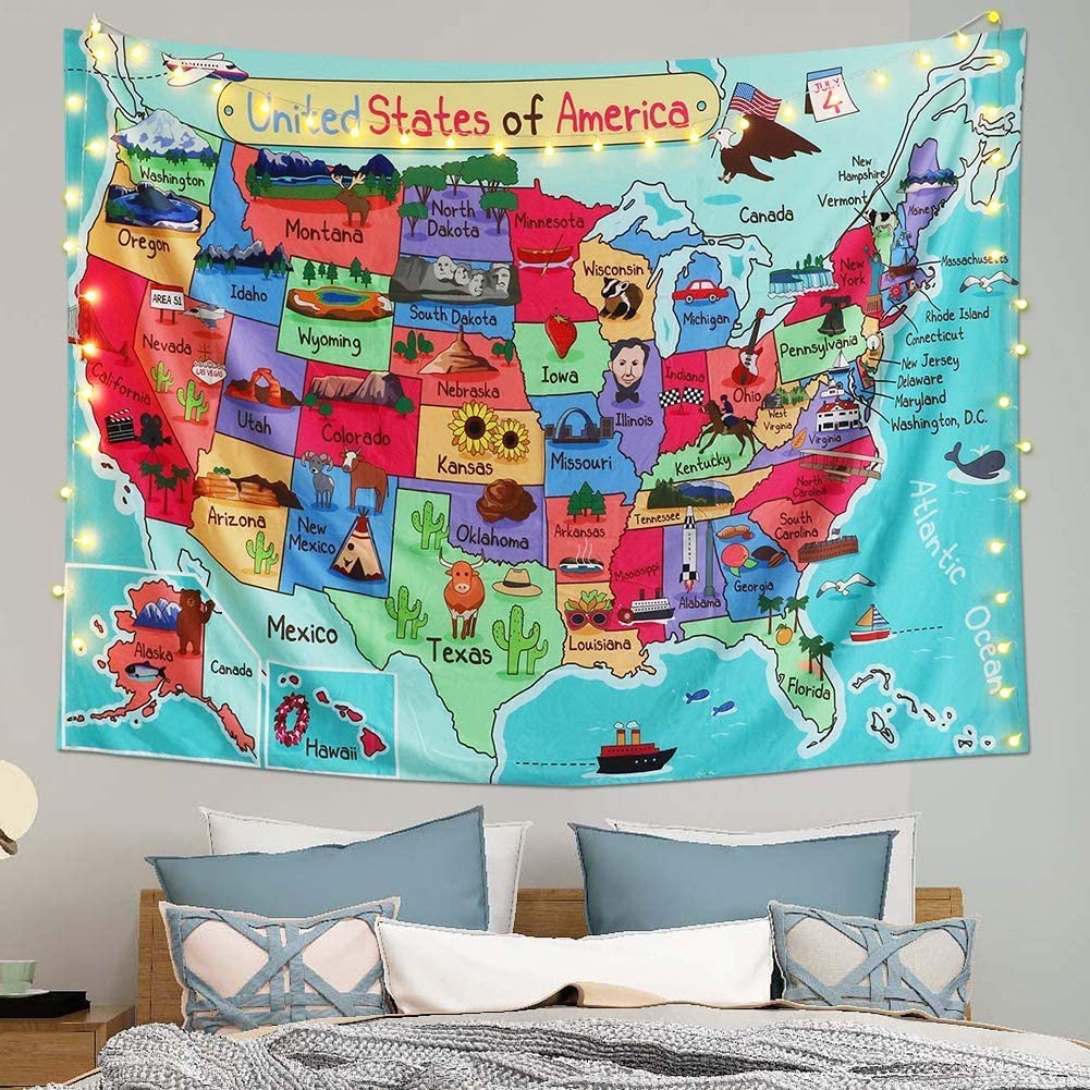 Kids Kaart Van De Verenigde Staten Wandtapijten Cartoon Leuke Feiten Geografie Usa Polyester Stof Deken Decor Kamer Esthetische