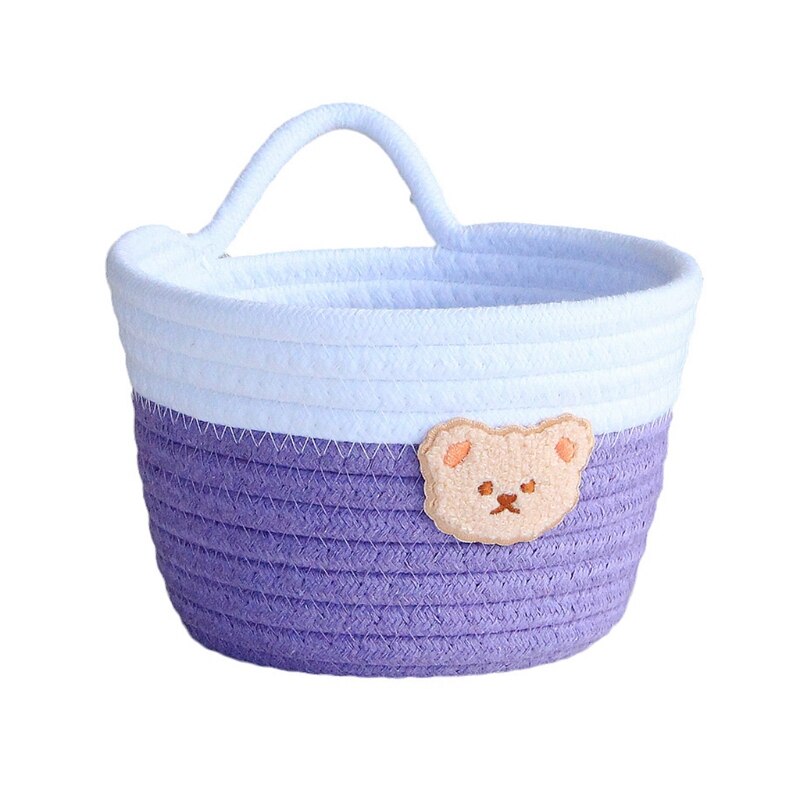 Fabric Tray Desk Basket Containers with Handle Cute Bear Hang Bag Desk Basket Containers for Jewellery Keys Fruits Candy: Purple fight white