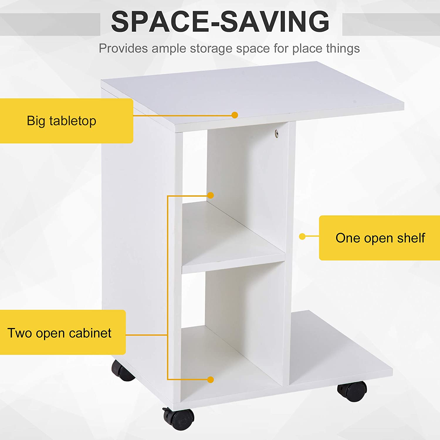 Shape End Table Unique Storage Unit w/ 2 Shelves 4 Wheels Freestanding Home Office Furniture Cabinet Square Studio White