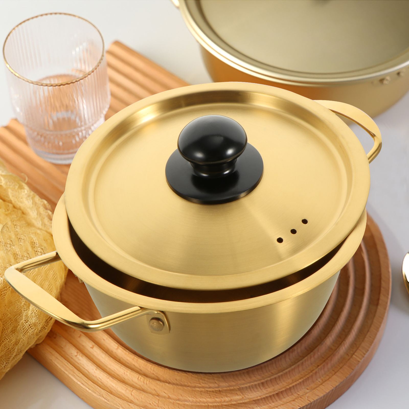 1 Set Chic Gold Soup Kitchen Stainless Steel Pot Double-handle Soup Pot Instant Noodles Pot Kitchen Cooking Tools cookware set