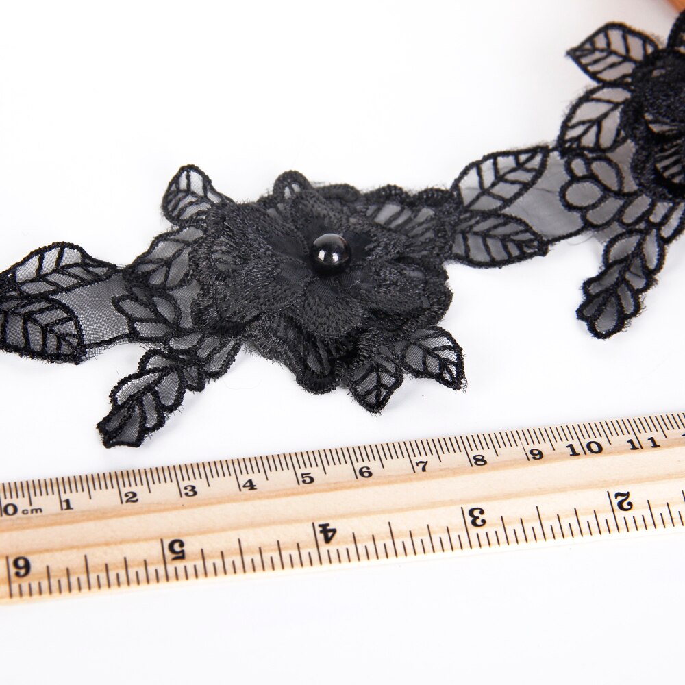 Ruban brodé perles noires avec bordure en dentelle fleur | Accessoire de couture, ruban décoratif pour mariage, 1Yc2475: 1056279006