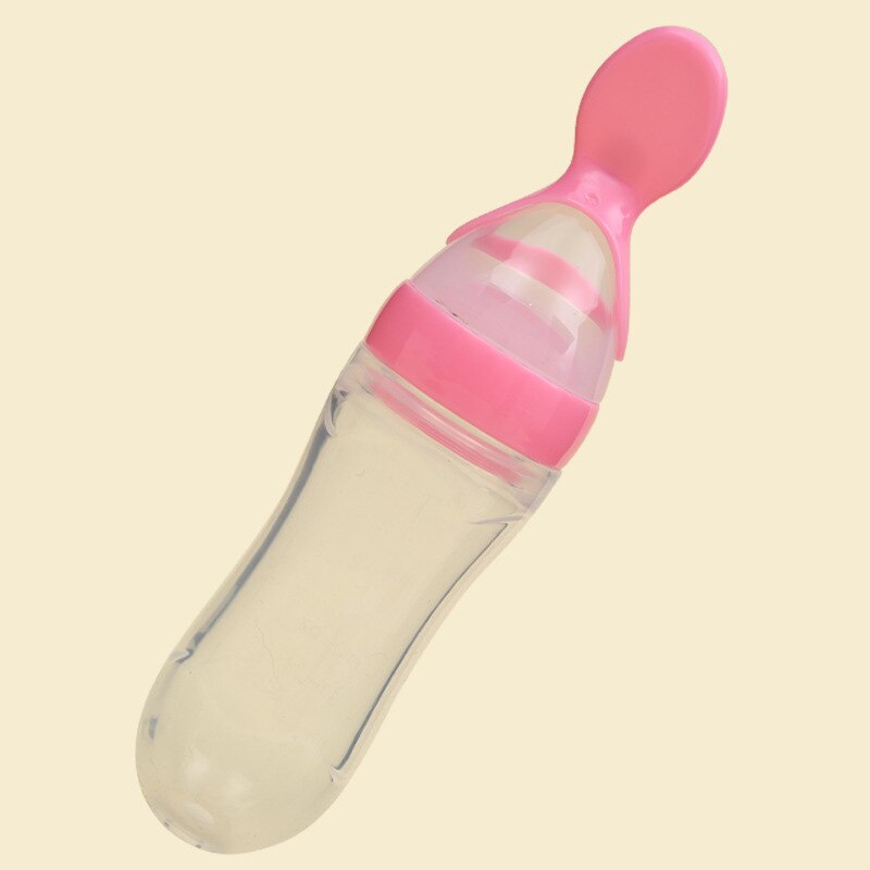 Baby Siliconen Squeeze Zuigfles 90 ml Veiligheid Baby Baby Siliconen Voeden Met Lepel Feeder Voedsel Rijstgraangewas Fles: Roze