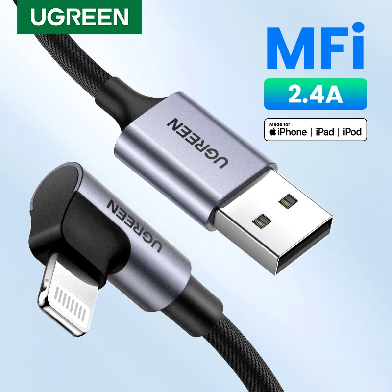 Ugreen for usb a til lightning-kabel mfi-sertifisert 90- graders for apple iphone 14 ipad usb-ladekabel ladedata flettet 1.5m