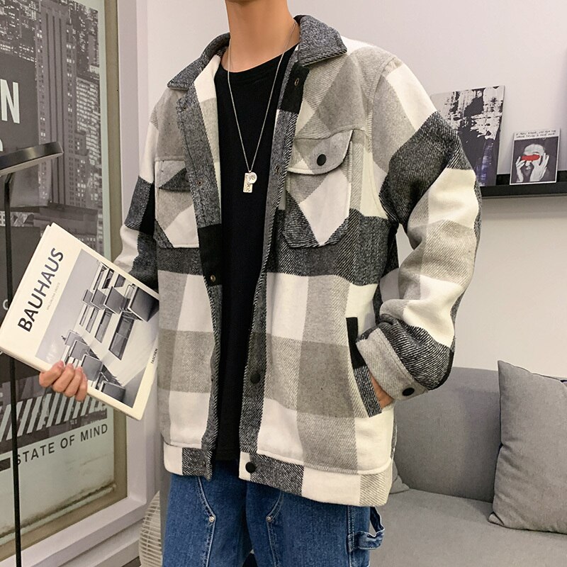 Vinter ulden frakke mænd afslappet tartan ulden jakke mænd streetwear vild løs stor størrelse herre jakker overfrakke m -5xl: Grå / M
