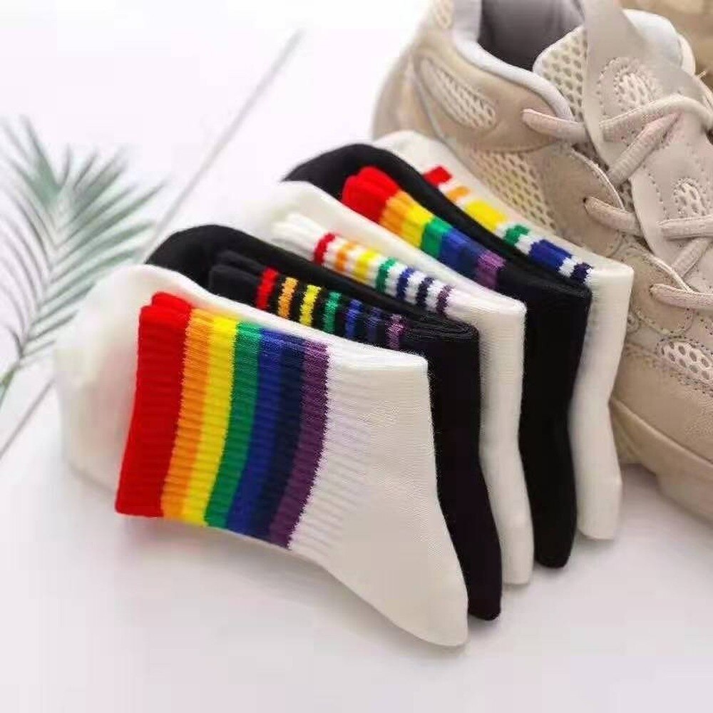 Grappige Leuke Regenboog Gestreepte Sokken Meisjes Katoen Losse Crew Sokken Kleurrijke Vrouwen Kid Harajuku Retro Kerstcadeau Sokken