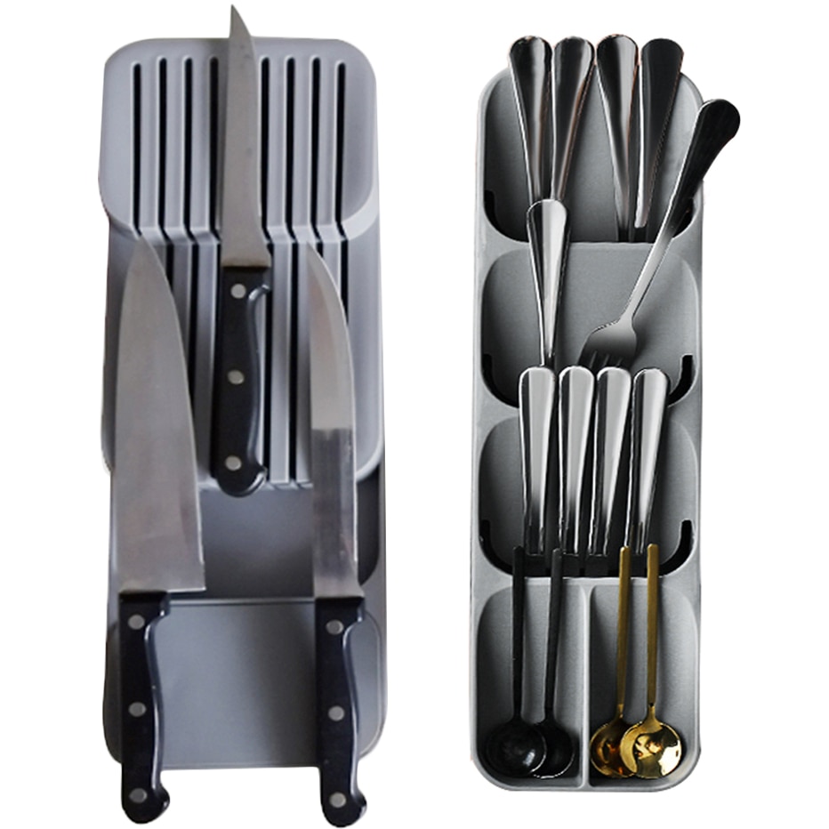 Plastic Knife Block Holder Drawer Knives Forks Spoons Storage Rack Knife Stand Cabinet Tray Kitchen Cultery Organizer