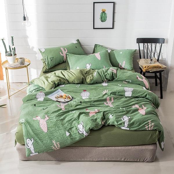 Huistextiel groene cactus beddengoedsets 4 stuks roze wortel gewassen katoen polyester zacht dekbedovertrek beddengoed laken kussenslopen: 01 / 150 x 200cm tweepersoonsbedden