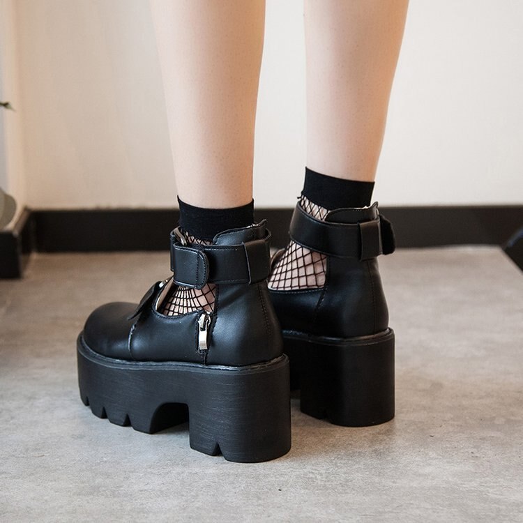 Zapatos Lolita góticos cabeza redonda zapatos Mary Jane colegiala japonesa JK uniforme de cuero PU con correa de plataforma zapatos negros impermeables