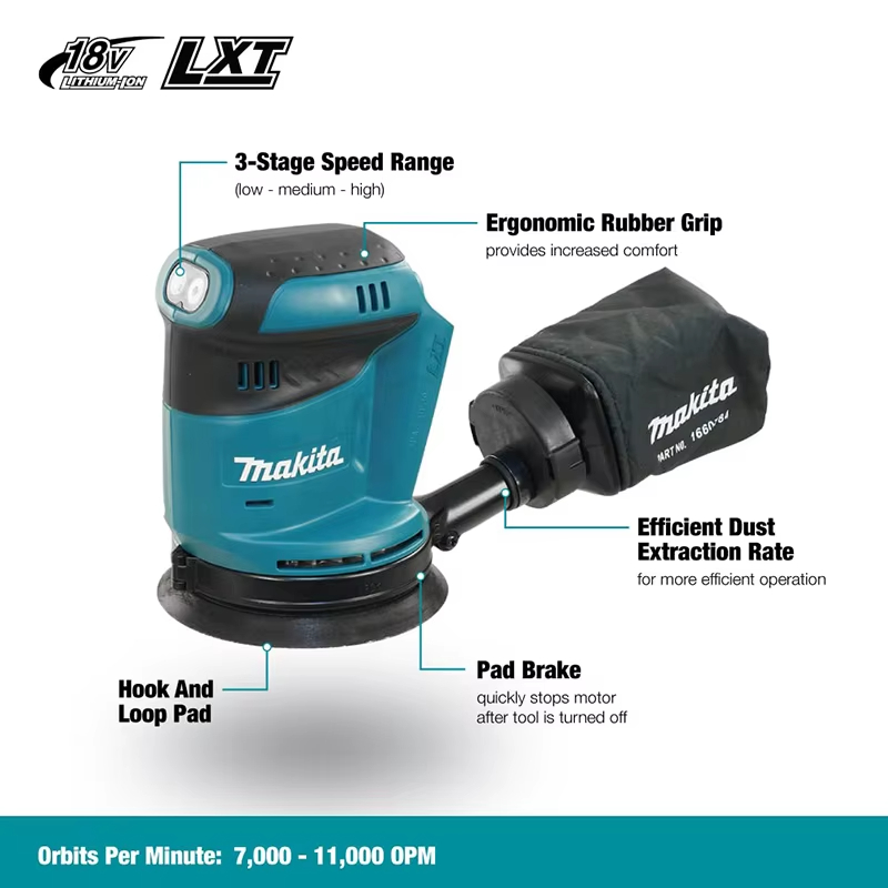 Makita DBO180Z Lithium-Ionen 18 V kabellose wiederaufladbare Scheibe, Exzenterschleifer, Holzbearbeitung, Schleifkitt, Polieren, nacktes Werkzeug
