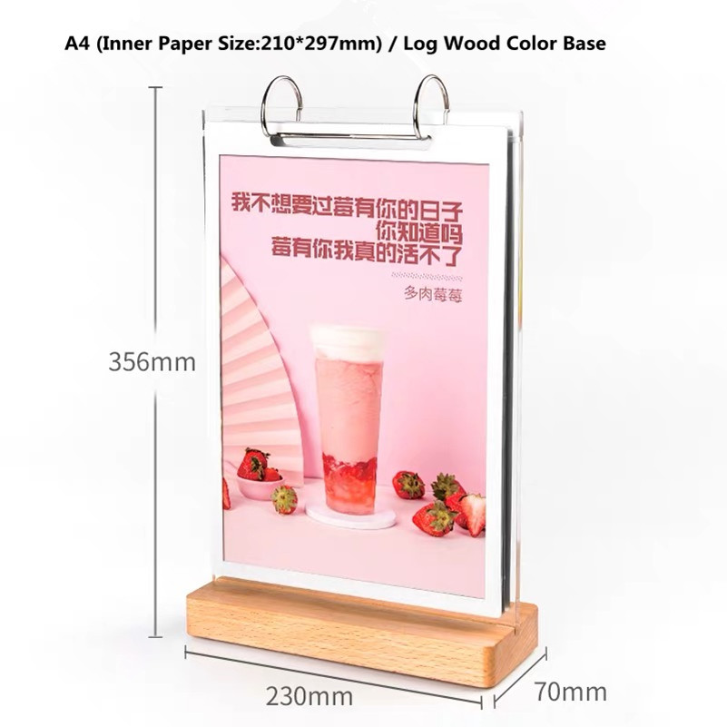 A4 Double-sided 8.5" X 11" Transparent Flip Frame Acrylic Table Sign Menu Paper Frame Desk Display Card Stand Racks: A4 Log Wood Base