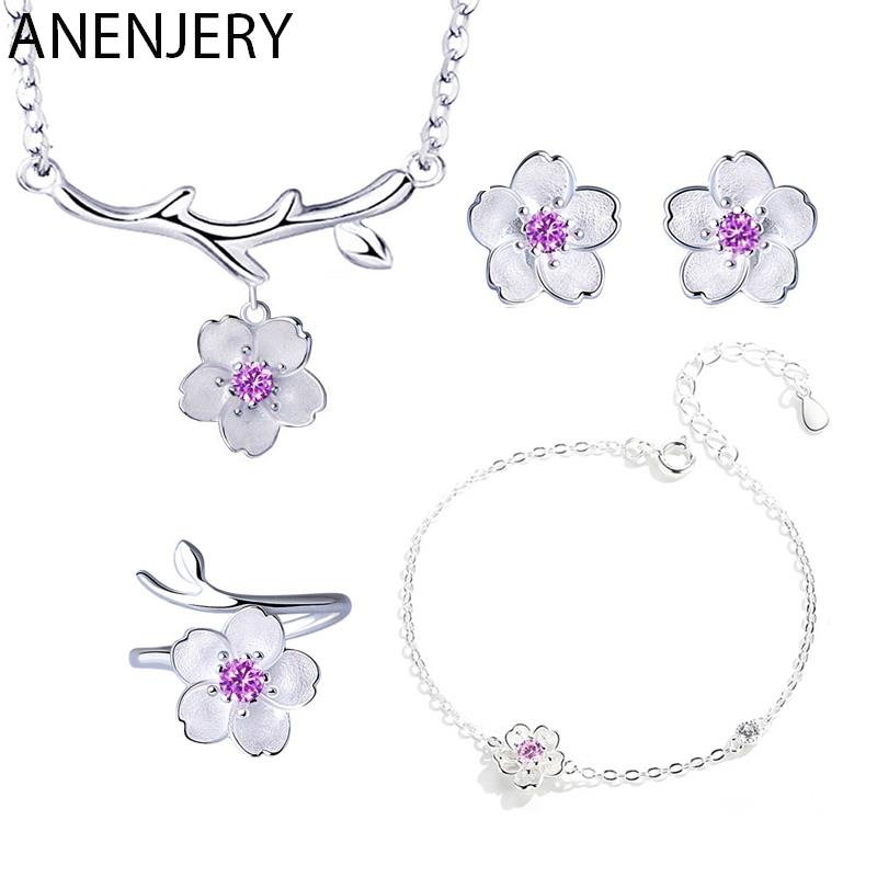 ANENJERY Romantische Silber Farbe Kirschblüten Blume Schmuck Sets Anhänger Nette Braut Hochzeit Sets