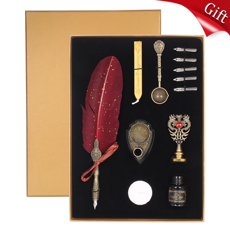 Luxe Vulpen Veer Pen Set Vintage Reclame Inkt Pen Dip Water Metalen Vulpen Set Doos 5 Penpunten