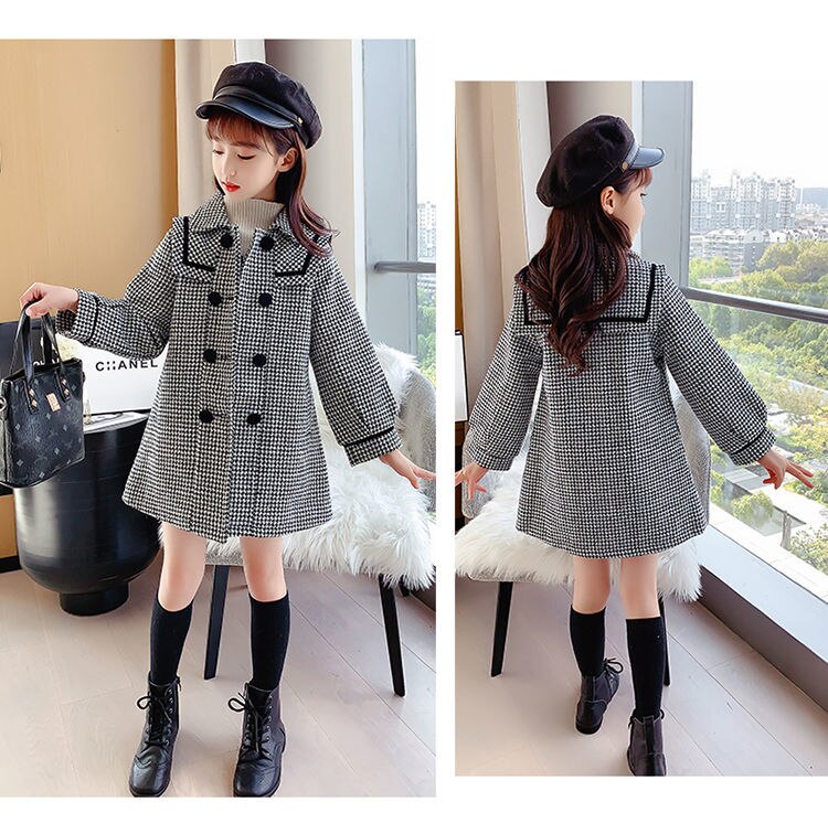 Fancy Wool Blends Coat For Teenage Girls Double breasted Woollen Outfit Kids Autumn Winter Thick Plaid Children-Outerwear