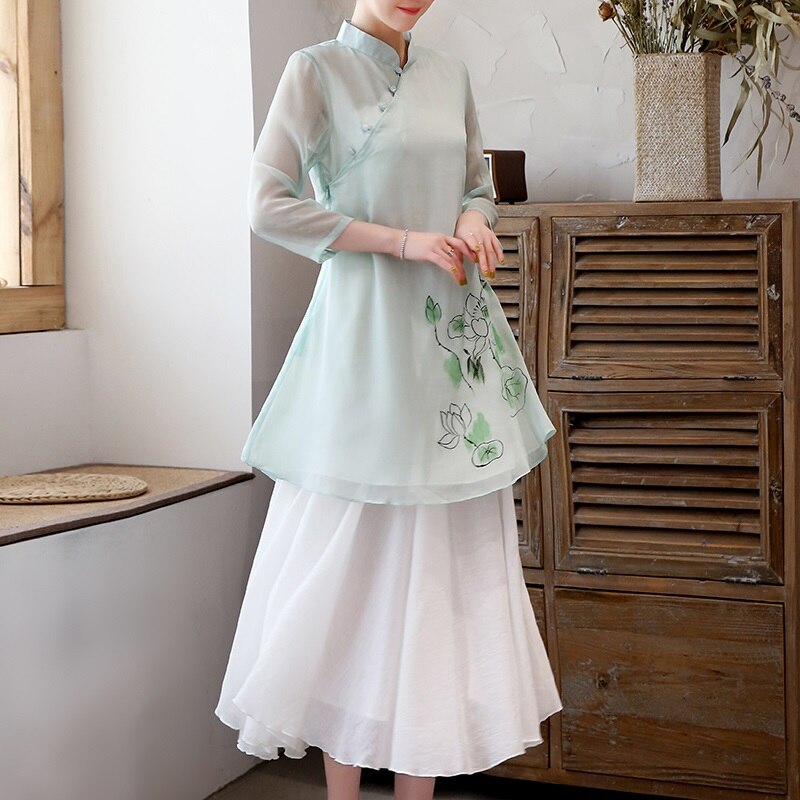 Ensemble 2 pièces Style chinois pour femmes, tenue Cheongsam, haut + pantalon à jambes larges, costume Tang, , été, 11265