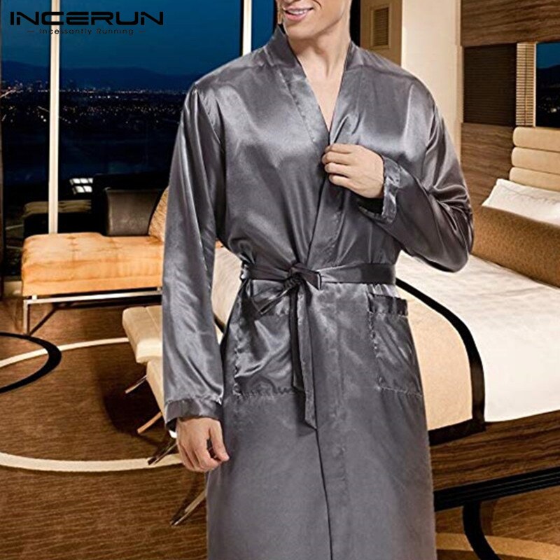 Incerun silke satin herr sovkläder morgonrock långärmad höst lång morgonrock lightwear avtagbara bältesfickor klänning pyjamas