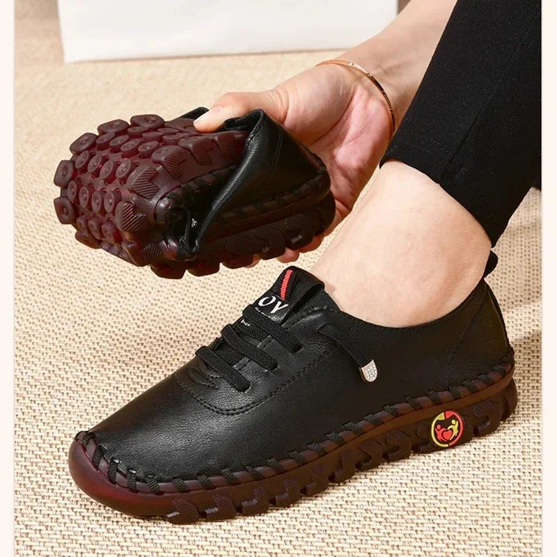 Zapatillas De deporte para Mujer, mocasines De cuero, zapatos cómodos sin cordones, hilo De coser a mano, zapatos para mamá, Zapatillas De Mujer