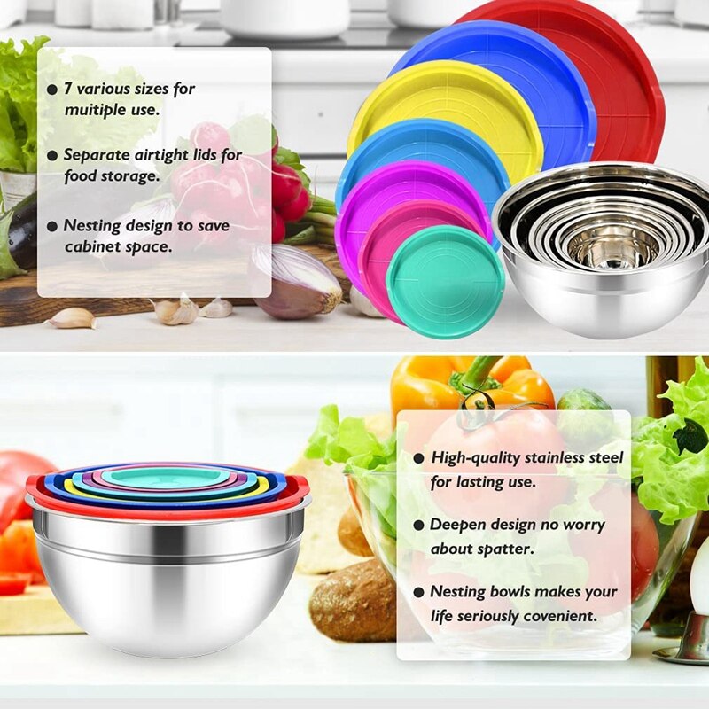 Ensemble de bols à mélanger avec couvercles, 7 pièces, bols à mélanger en acier inoxydable, bols de rangement en métal pour la cuisine, pour la préparation, la cuisson