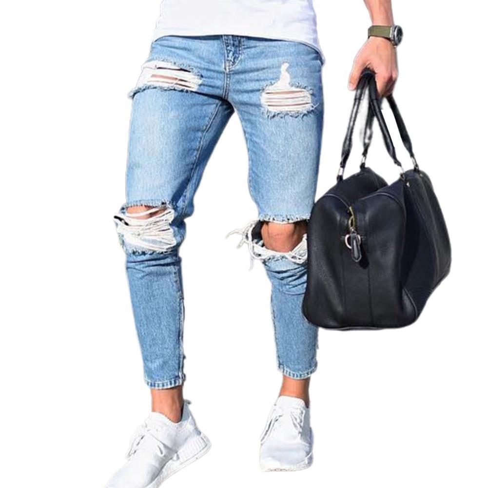 Men's Denim Pant Stretch Destroyed Ripped Hole Pants Ankle Pants Zipper Skinny Jeans For Men Plus Size Jeans M-3XL: M