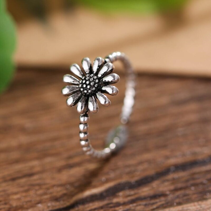 Retro Sunflower 925 Sterling Silver Literary Flower Sweet Temperament Personality Female Resizable Opening Rings SRI074