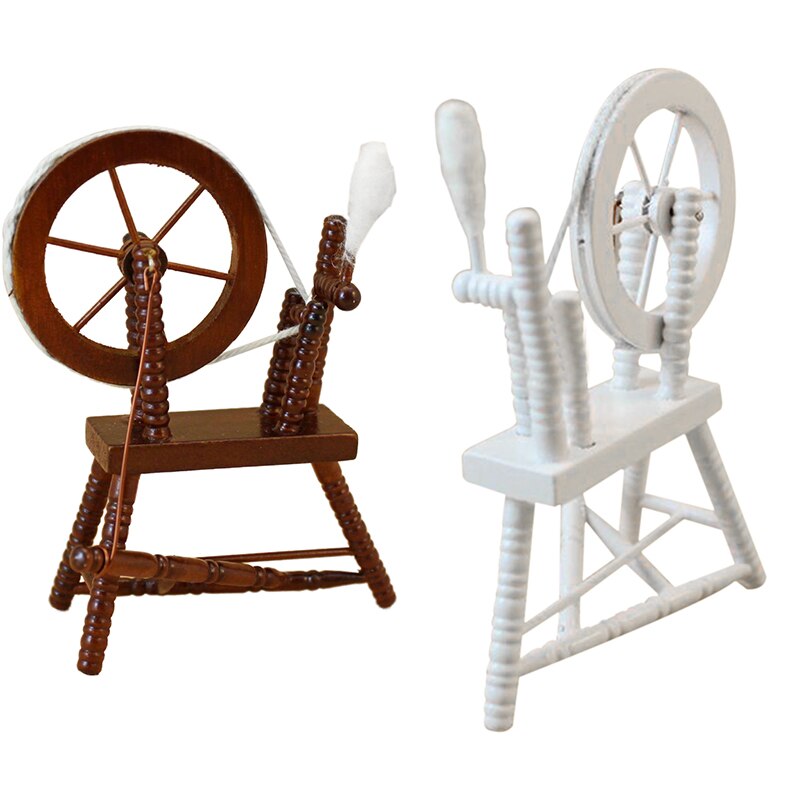 1:12 scale doll house miniature hand reeling machine wooden spinning wheel white