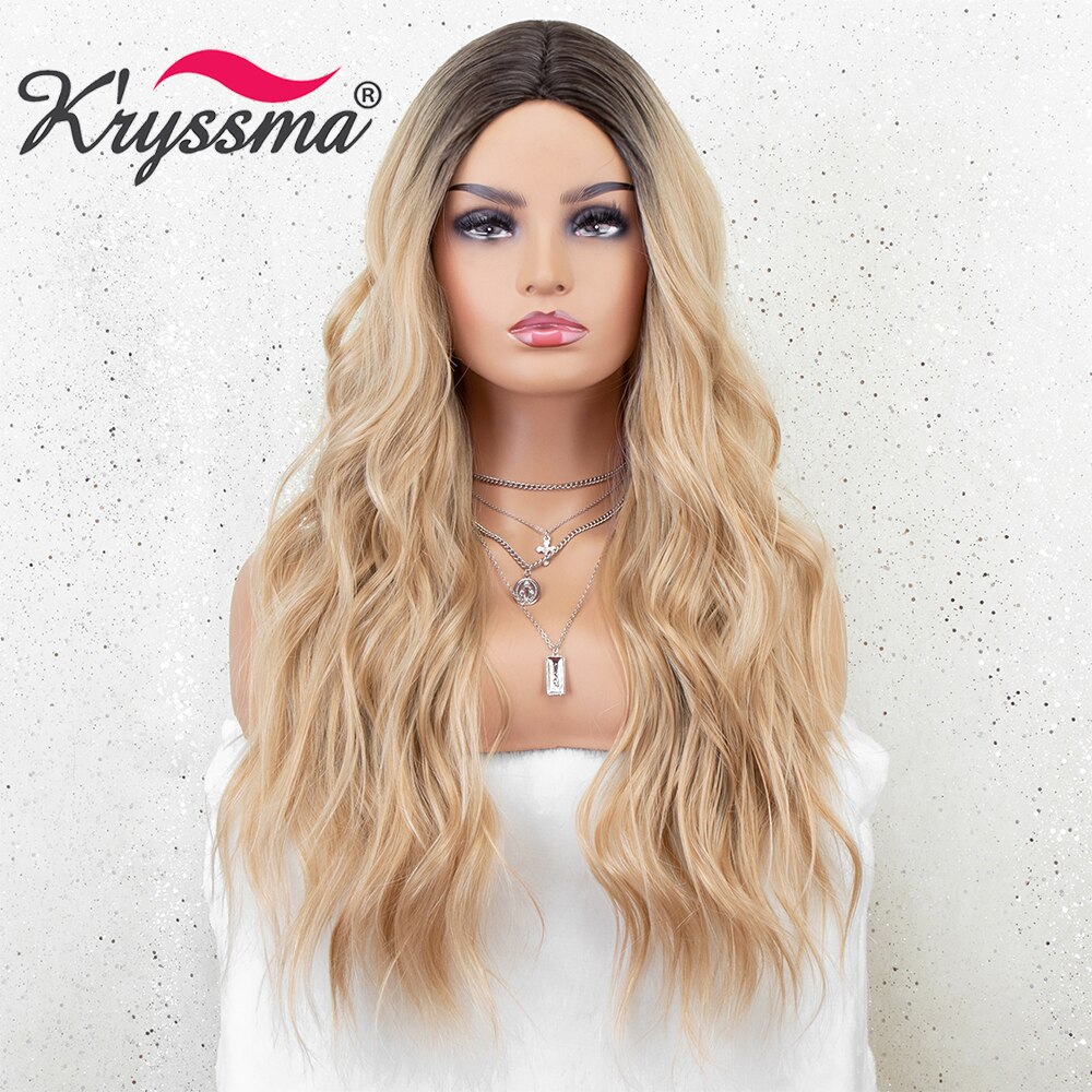 Kryssma Ombre Blonde Wigs Long Wavy Synthetic Wigs For Women Cosplay Wigs Blonde Wig Mixed Black Heat Resistant Fiber Hair: CYM106 / 22 inches