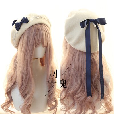 Søt jente lolita kjole tilbehør rosa kawaii bowknot beret søt blonder lett matchende høst vinter loli lue: 3