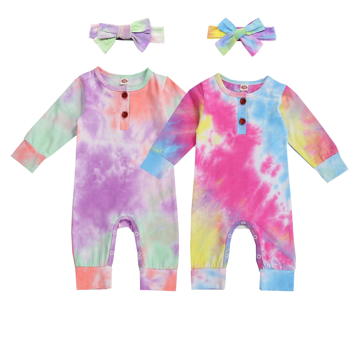 FOCUSNORM 0-18M Del bambino Delle Ragazze Dei Ragazzi cravatta-tintura corpo E Pagliaccetti A Maniche Lunghe Pulsante di Stampa Autunno Tute E Tute Da Palestra fascia 2pz