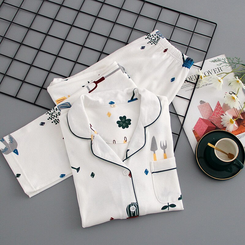 Dames katoenen zachte comfortabele turn-down kraag nachtkleding dames 2- delige pyjama pakken dames bedrukte elasticiteit taille homewear