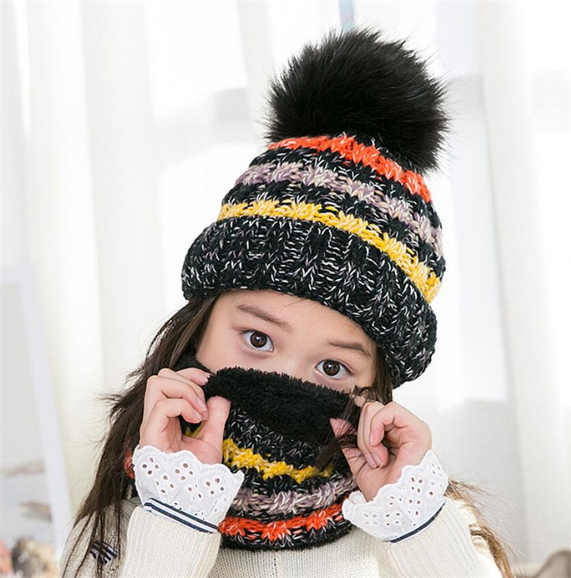 Conjunto de gorro y bufanda de punto para niño y niña, gorro cálido de felpa y anillo, bufanda de colores mezclados, gorro con pompón grande para niño, bufandas de invierno