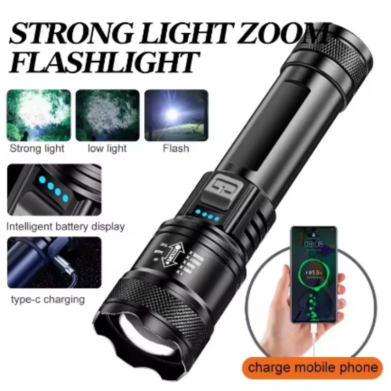 Krachtige P70 LED-zaklamp Camping Opladen via USB Zoombare waterdichte zaklamp Draagbare werklamp 4 verlichtingsmodi Ingebouwde batterij