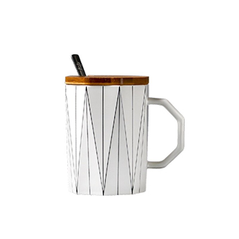 Taza geométrica mate creativa con tapa de bambú, cuchara de metal, tazas de cerámica de línea, para microondas Vaso de Leche, artículos para beber para el hogar y la Oficina, 400ml: 02