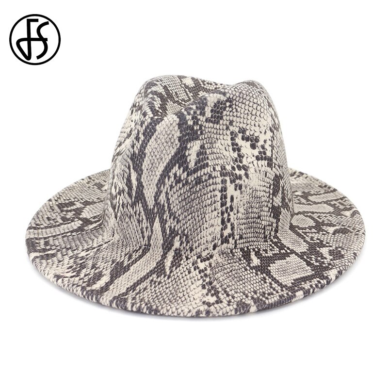 FS Vintage Snake Print Men Wide Brim Gray Brown Hat Felt Fedora Church Hats For Women Panama Sombrero Cap