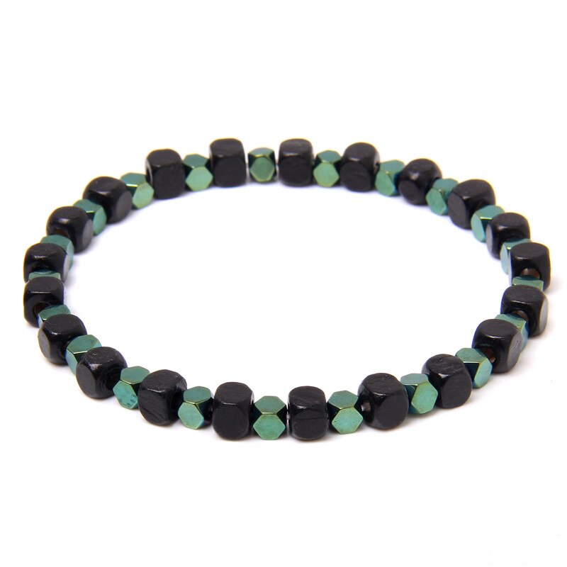 Cube Vierkante Steen Tiny Bead Armband 4Mm Hematiet 5.5Mm Houten Handgemaakte Armband Mannen Vrouwen Klassieke Creatieve Sieraden: 3.Green / 19 cm