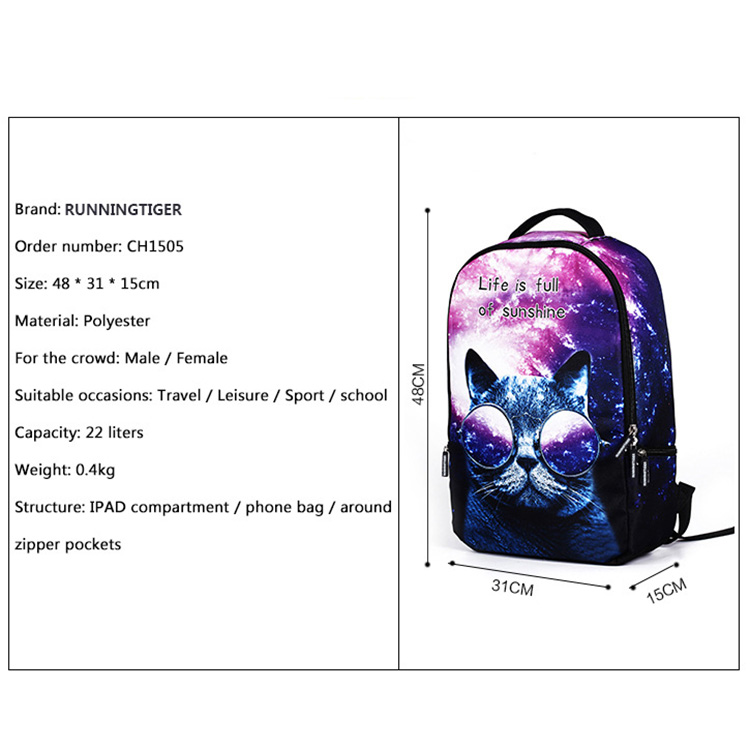 Women School Bag 3D Cartoon Cat Backpack Rucksack for Girls Travel Sport -OPK