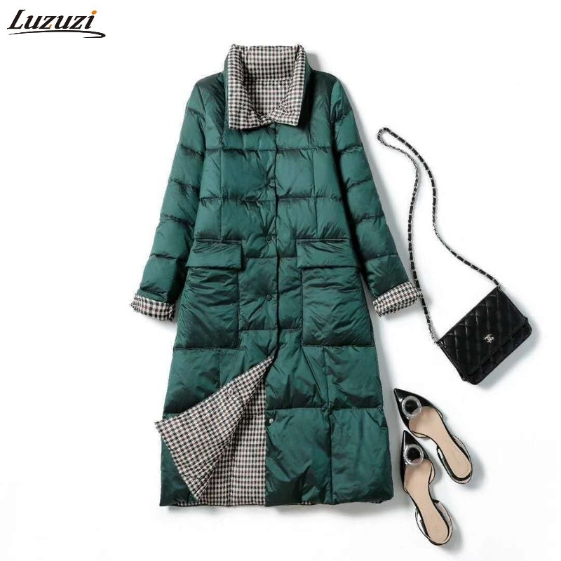 Luzuzi-Chaqueta de plumón largo de doble cara para mujer, Parkas cálidas de invierno con cuello alto a cuadros, plumón de pato blanco, ropa de abrigo para nieve,