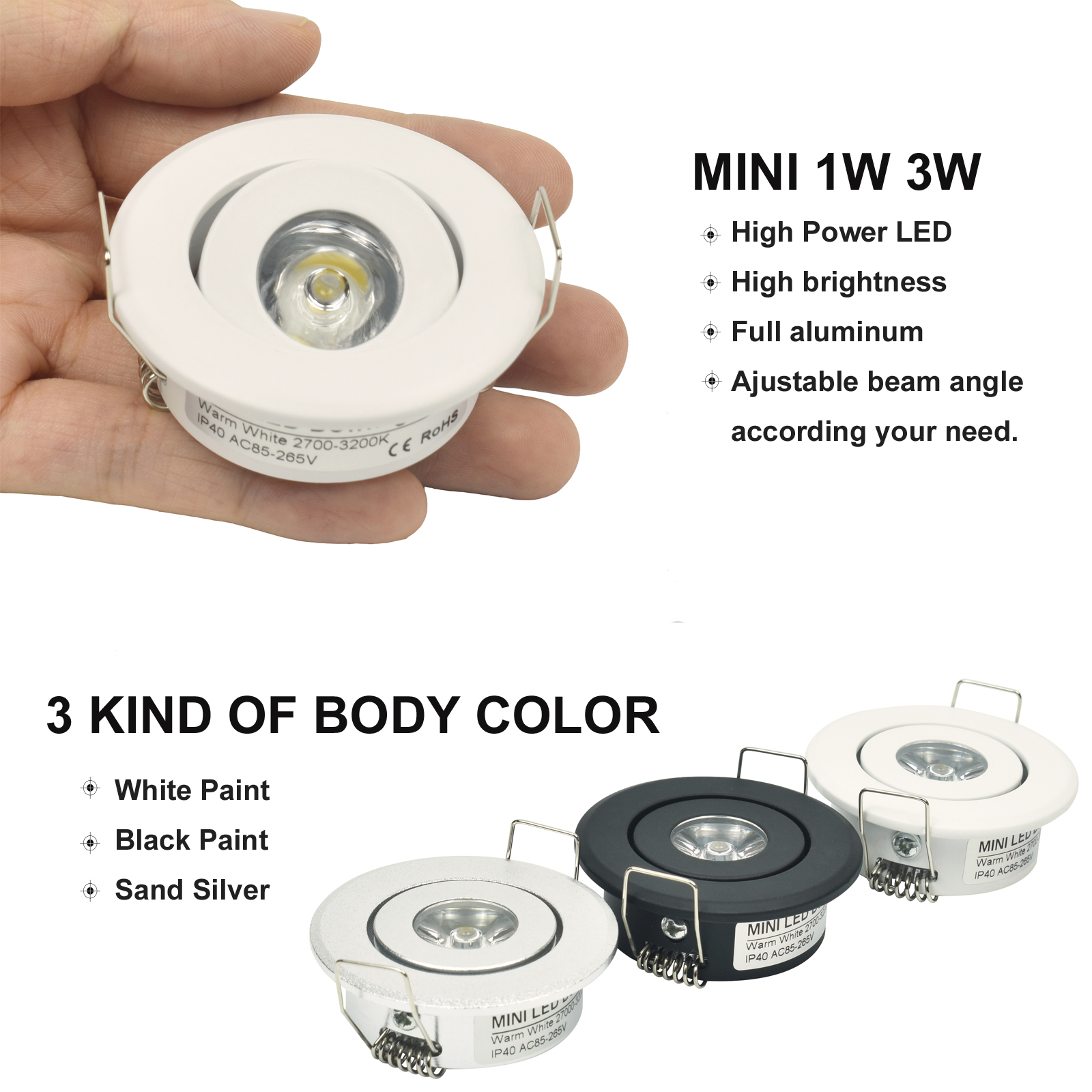 Mini led spot downlighters 1W COB 3W LED inbouwspot dimbare ronde led voor thuis kabinet showbox