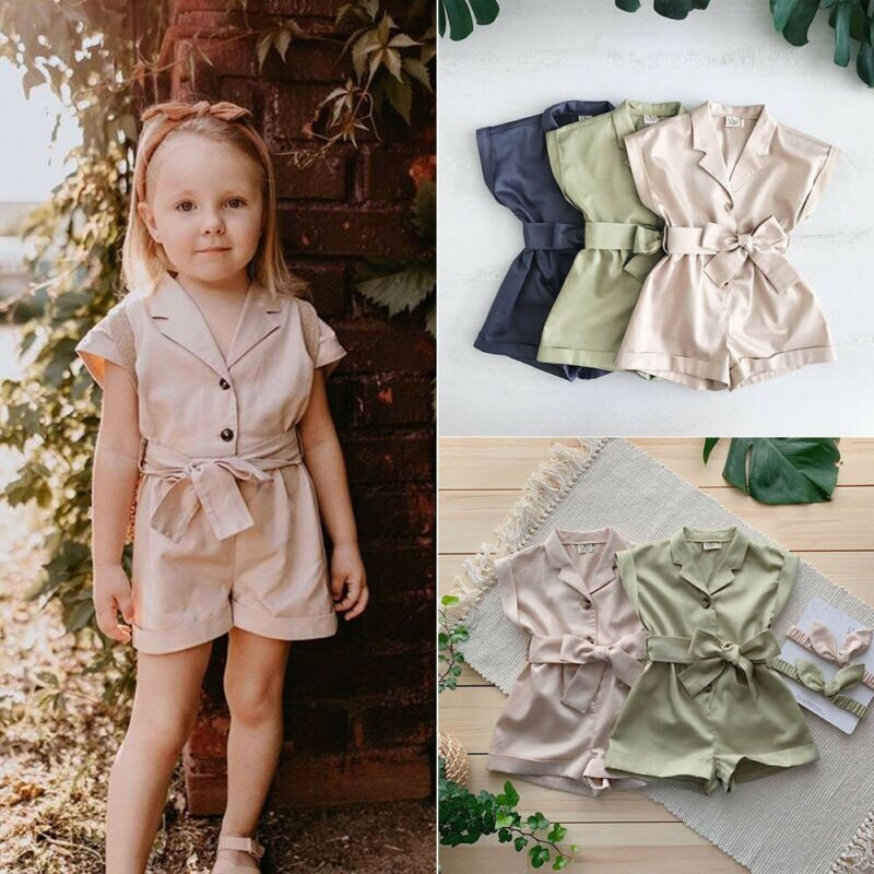 Småbarn barn bebis flickor sommar jumpsuit fluga midja romper overall liten dam jumpsuit playsuit