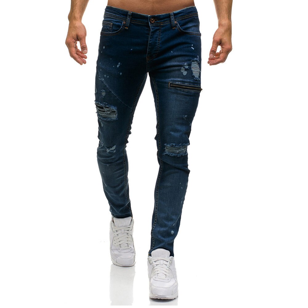 DOUDOULU Men's Casual Skinny Denim Stylish Zipper Jeans Casual Holes Denim Pants harem pants jogger sweatpants hombres #SS: Blue / L