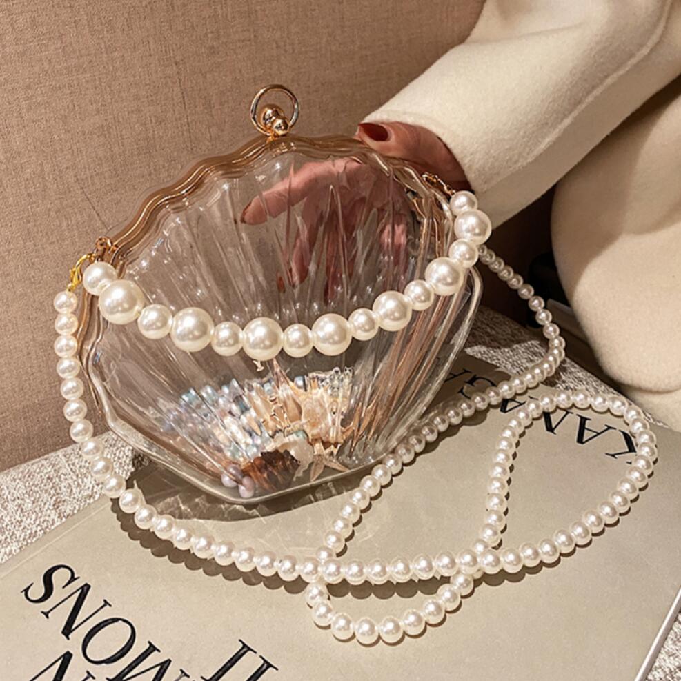 Acrylic Tote Transparent Shell bag PVC Women's Handbag Pearl strap Shoulder Messenger Bag