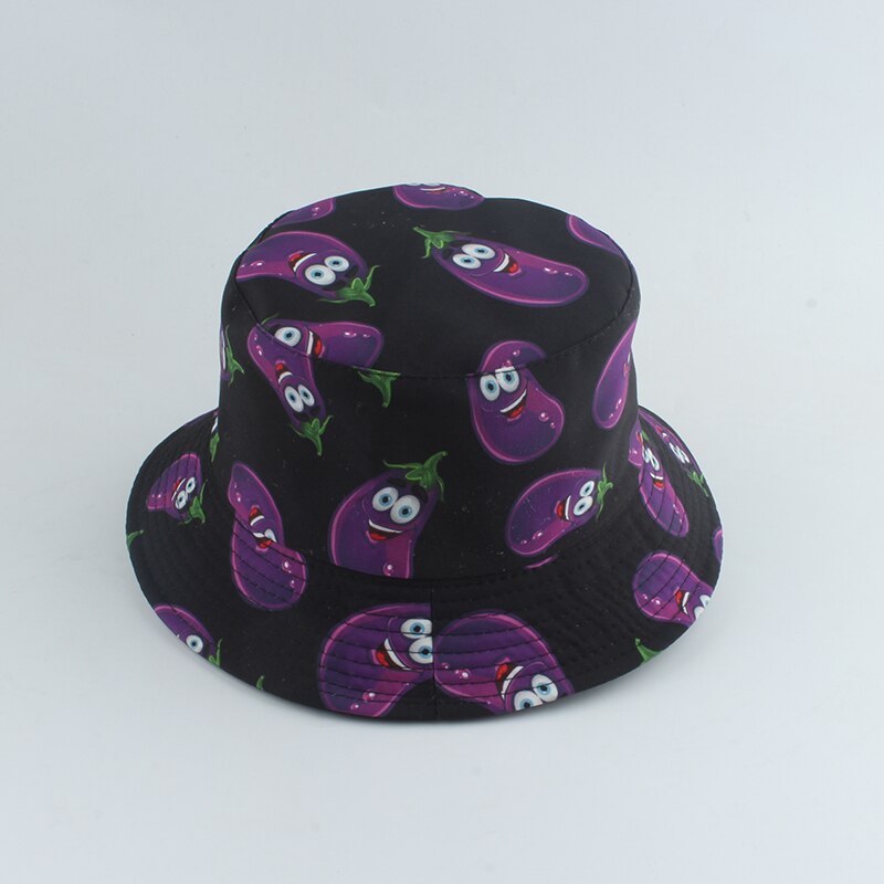 Chapeau Bob réversible avec imprimé de dessin animé pour hommes et femmes, casquette de pêcheur, à la: eggplant black