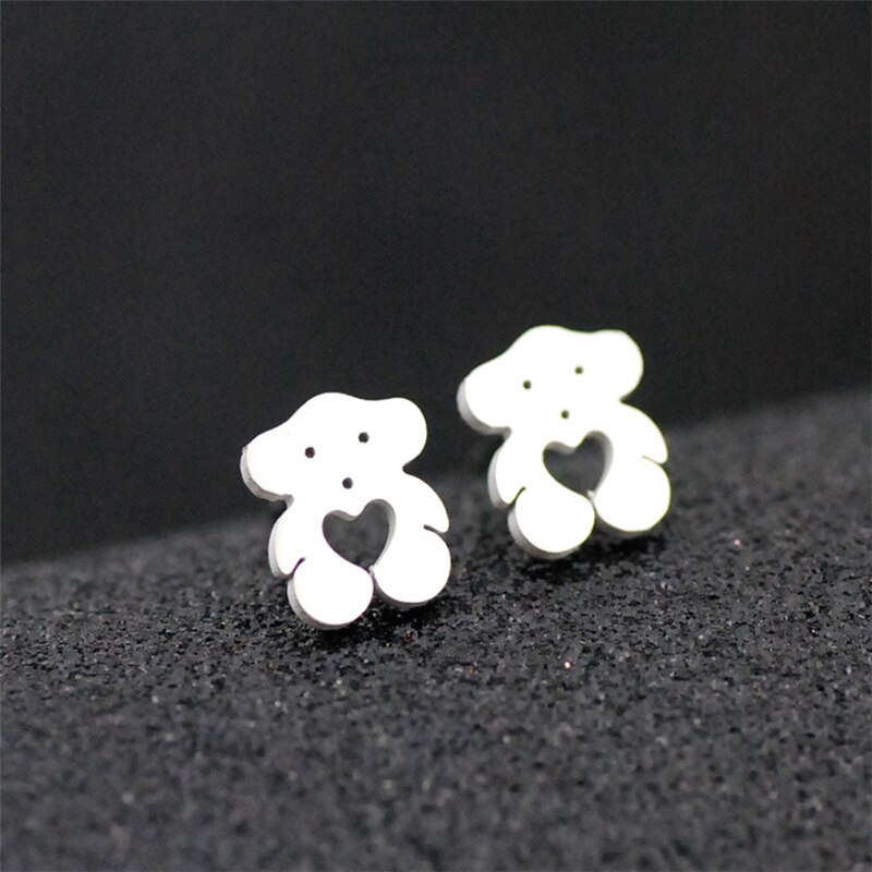 Couleur argent acier inoxydable ours pendentif collier boucles d'oreilles ensembles coeur amour ours breloque collier bijoux tour de cou ensembles pour les femmes