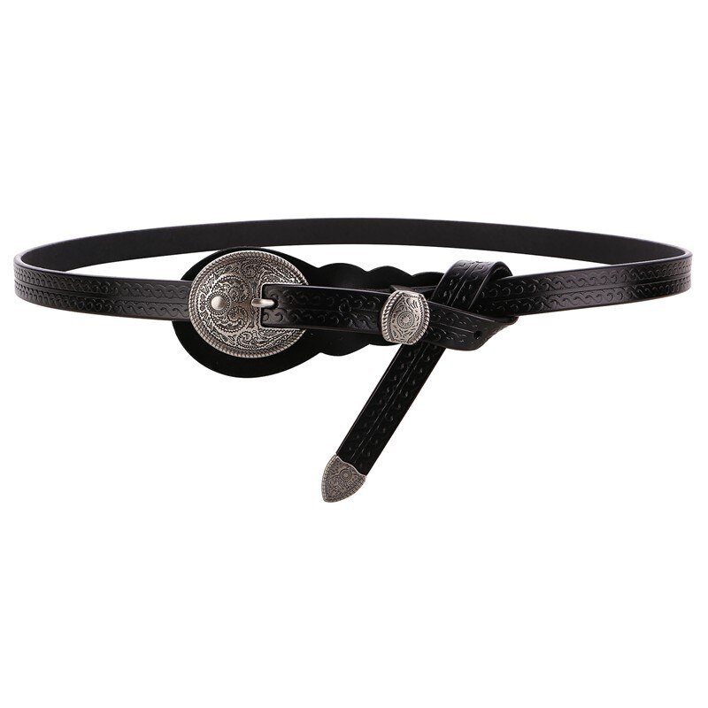 Vintage Metal Buckle Head Waist Belt Womens Medeival Larp Viking Costume Accesory Fashon Thin Waistband Straps Curved For Lady: Black(115cm)