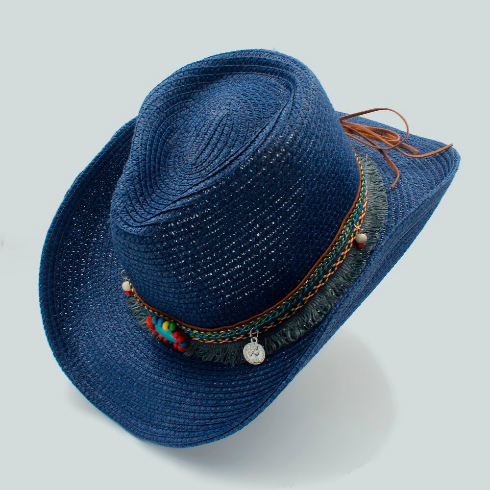Sommer kvinners menns hule vestlige cowboyhatt til herre vestlig ord cowgirl jazz lokk stråStrand solhatt med håndarbeid