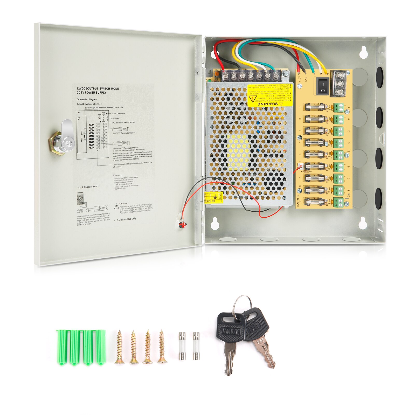 CCTV Power Supply Box, 9-Port Channel DC 12V 10A 120W Power Distribution Metal Fuse AC 110 -240V Surveillance Cameras