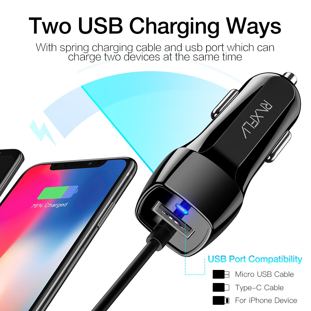 RAXFLY – chargeur de voiture 10W, adaptateur pour téléphone portable, adaptateur pour iPhone 12, Micro USB Type C avec câble USB à haute élasticité