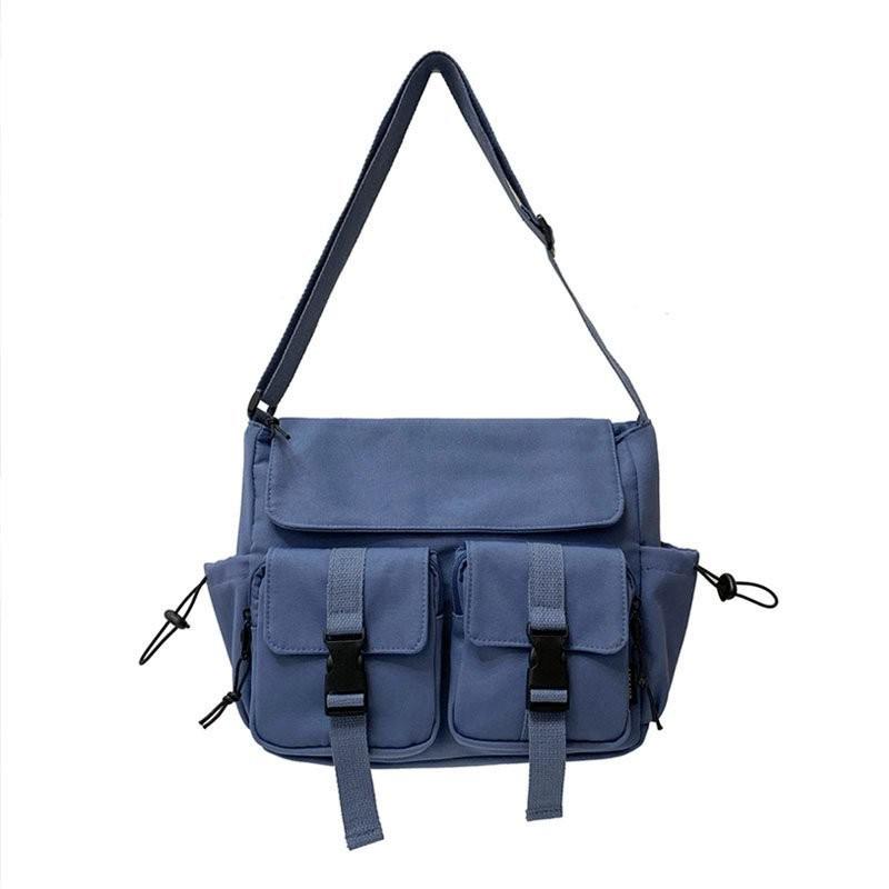 Sac à bandoulière en toile Harajuku pour femmes, sacoche d'école à la Simple pour filles, sac de grande capacité pour écolières: Blue