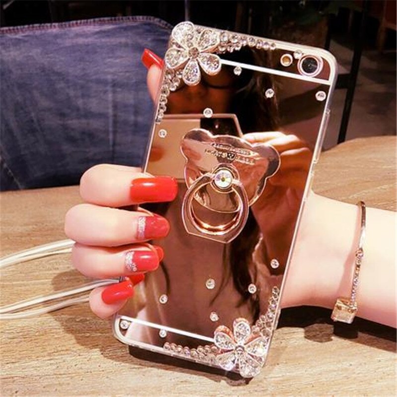 S20plus Mirror Make up Rhinestone Phone Case For Samsung S20 S20ultra Cases for Samsung Galaxy s20E Funda Bear Ring stand Coque: S20 / Pink GoldBear Flower