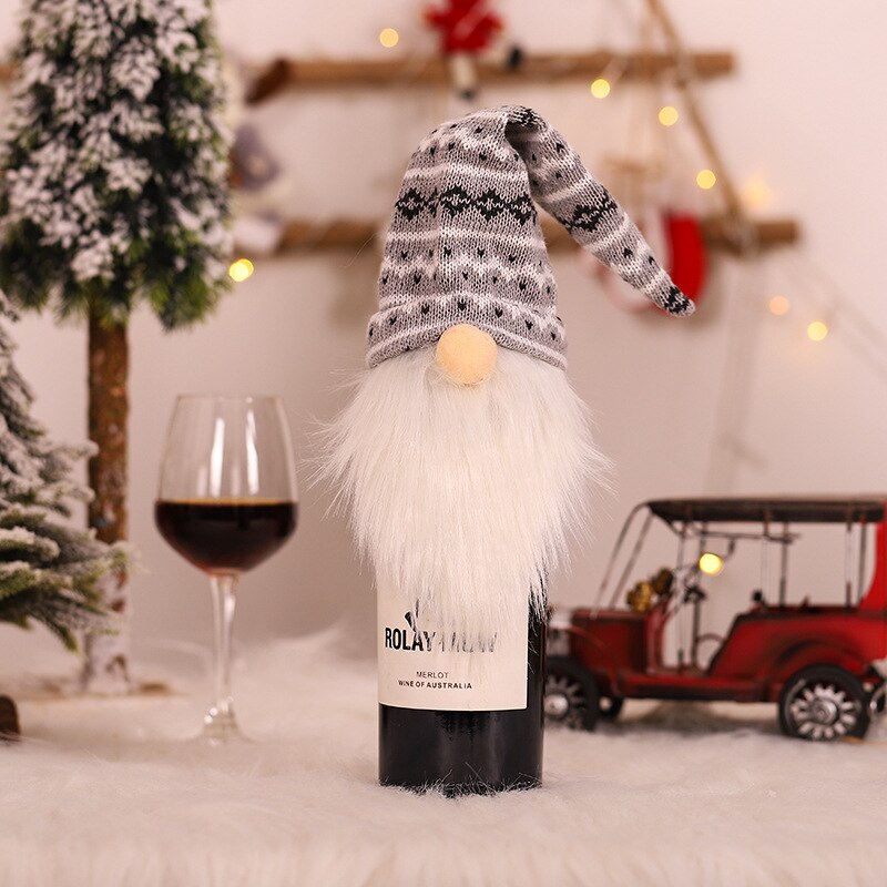 Topphatt jultomten flaskskydd juldekor vinflaskskydd navidad årsdekor jultomten stickad rödvinsflaska: Grå