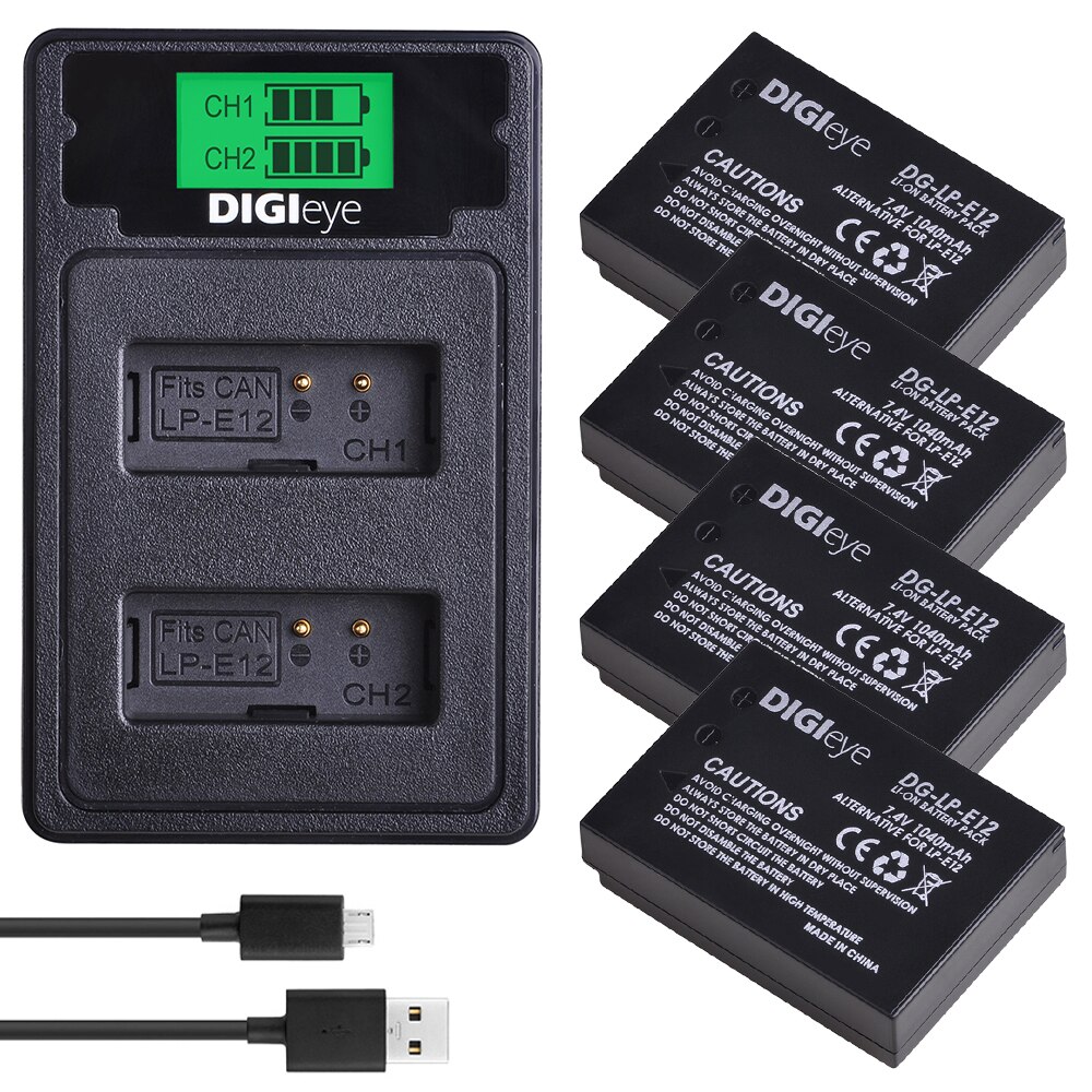 LP-E12 LPE12 Batterij + Lcd Dual Usb Charger Met Type C Voor Canon Rebel SL1, Powershot SX70HS, eos M, Eos M2, M10, M50, M100: 4 battery set