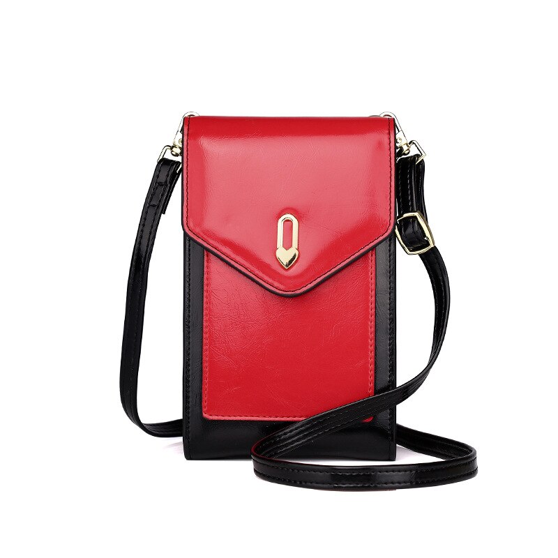 Vrouwen Messenger Bag Telefoon Portemonnees Mini Crossbody Tassen Pu Leer Olie Wax Leer Vrouwelijke Sholder tas: Black-Red